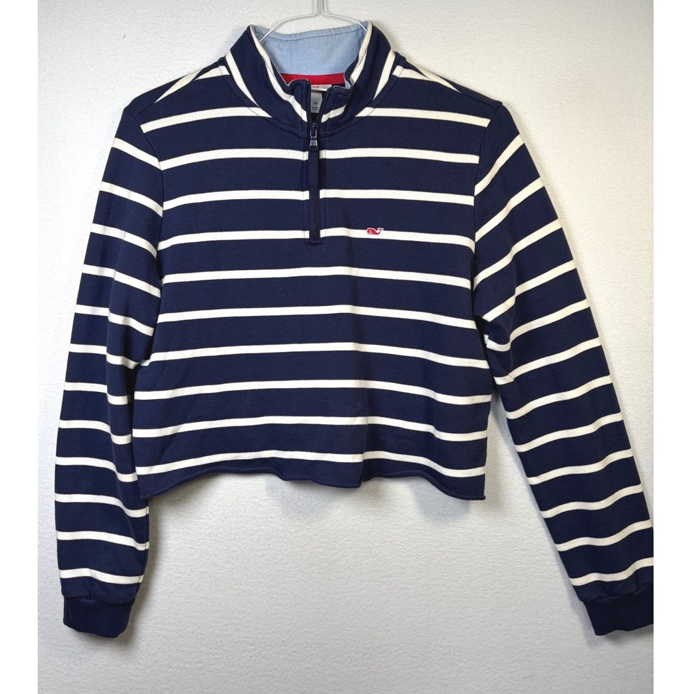 Vineyard Vines Pullover Women Medium Navy Excellent Striped Cropped Quarter Zip